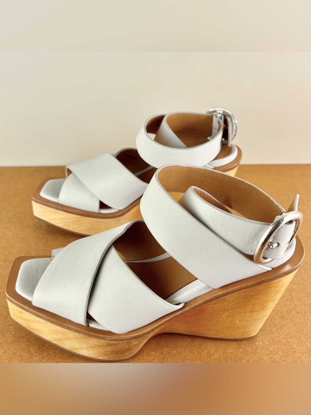 rag & bone White Leather Cross-Strap Wedge Sandals